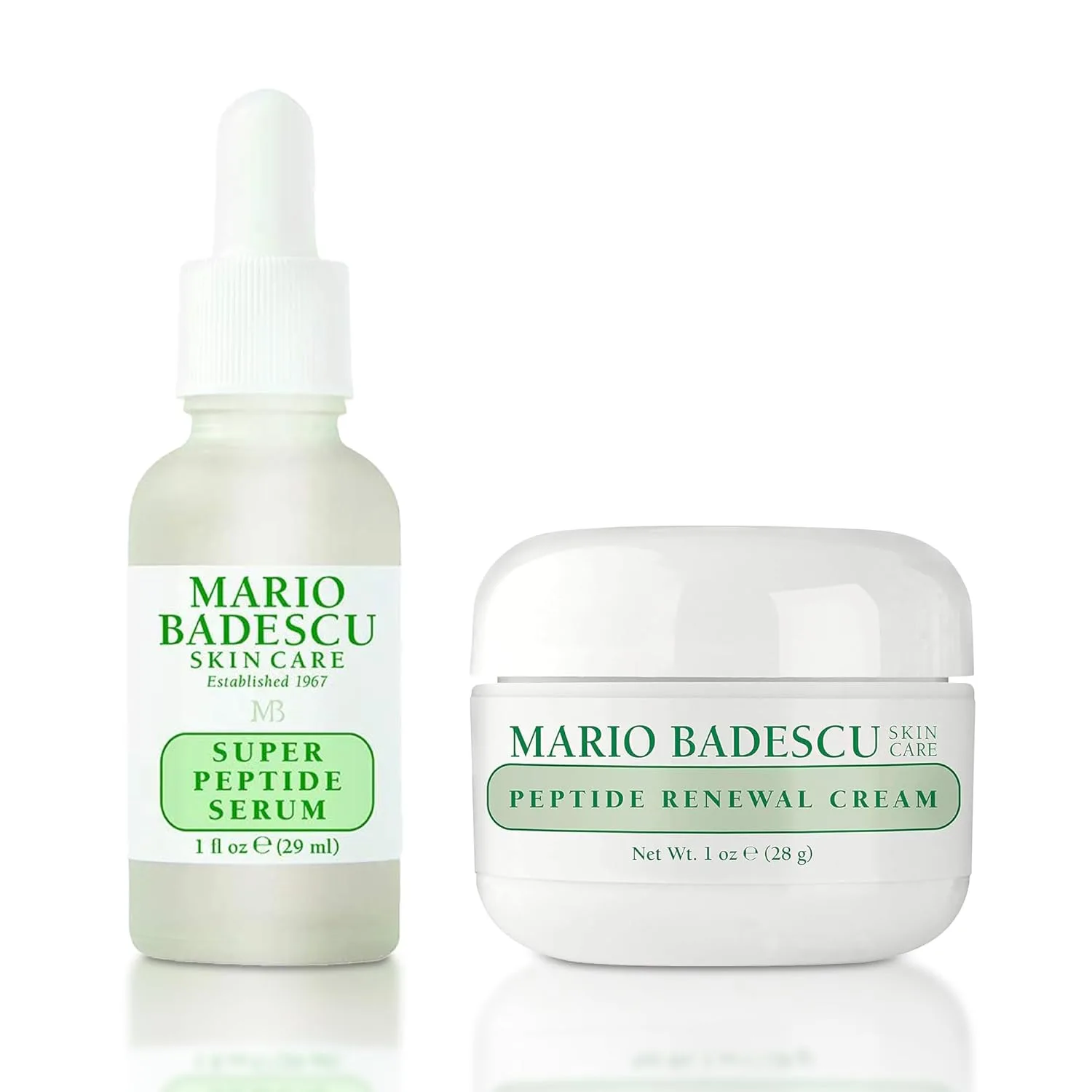Mario Badescu набор для увлажнения и упругости кожи Super Peptide Serum и Peptide Renewal Cream с гиалуроновой кислотой, по 30 мл, Green