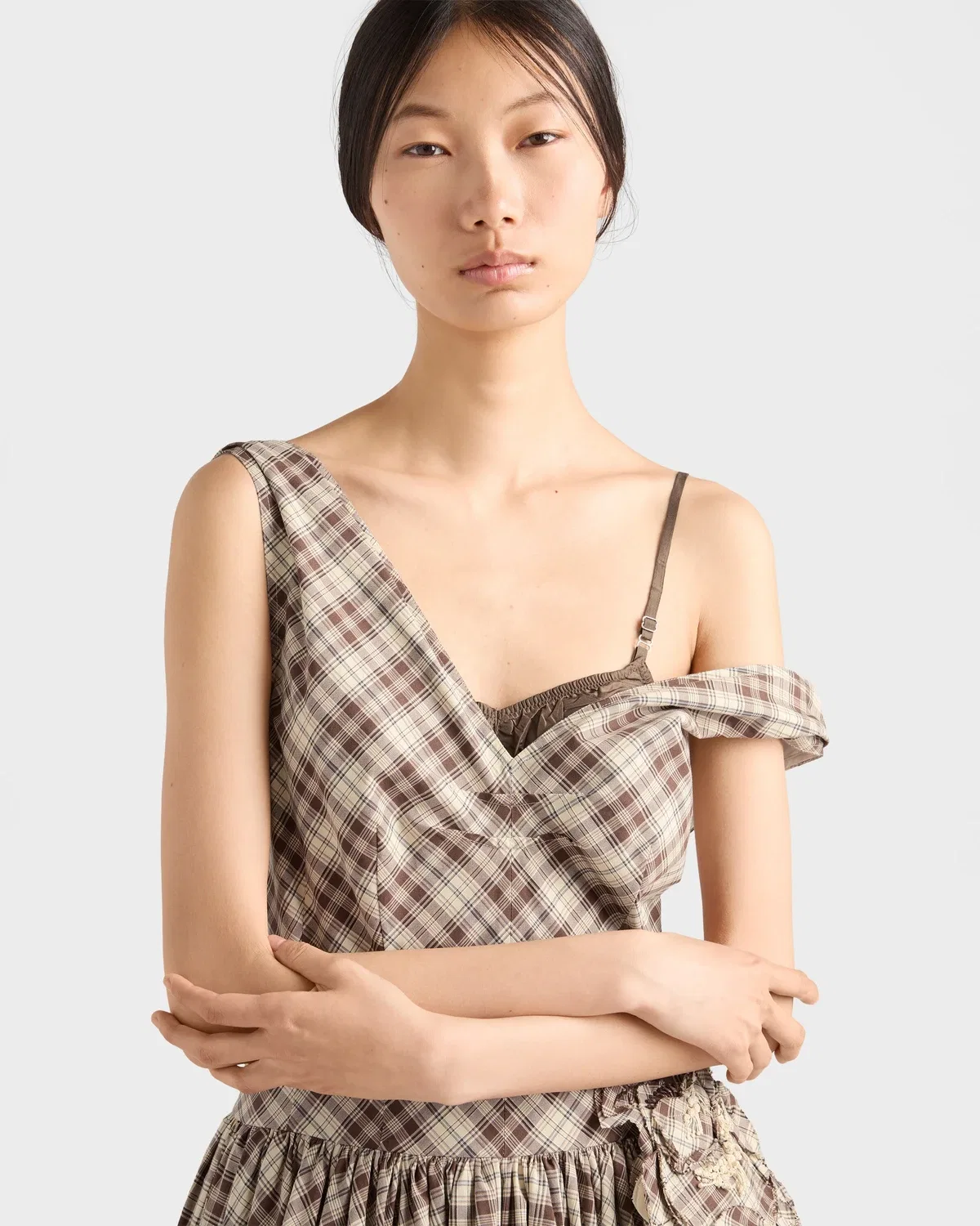 Платье из поплина в клетку с вышивкой Prada, коричневый — фото 4