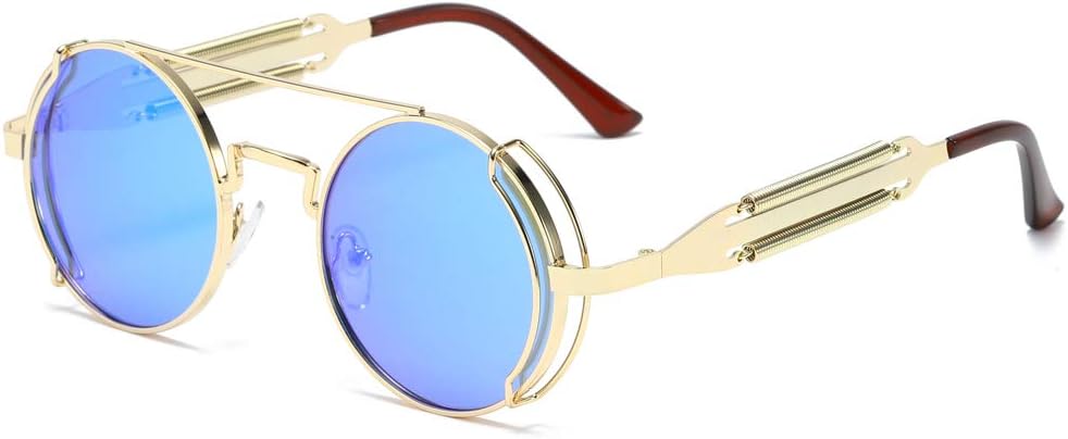

kachawoo Женские ретро-солнцезащитные очки в стиле стимпанк Мужские солнцезащитные очки в круглой металлической оправе с защитой от УФ-излучения UV400 для летней вечеринки, Blue Mirror Lens