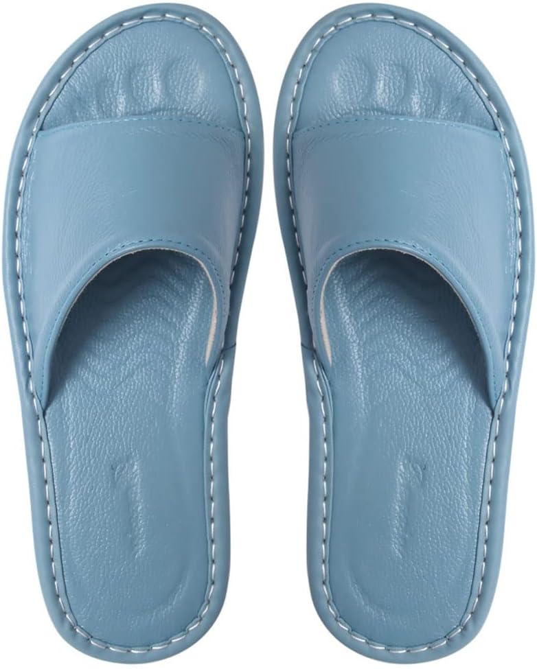 

Унисекс кожаные домашние тапочки JadeRich с открытым носком, удобные плоские шлепанцы с противоскользящей подошвой для женщин и мужчин, светло-голубой