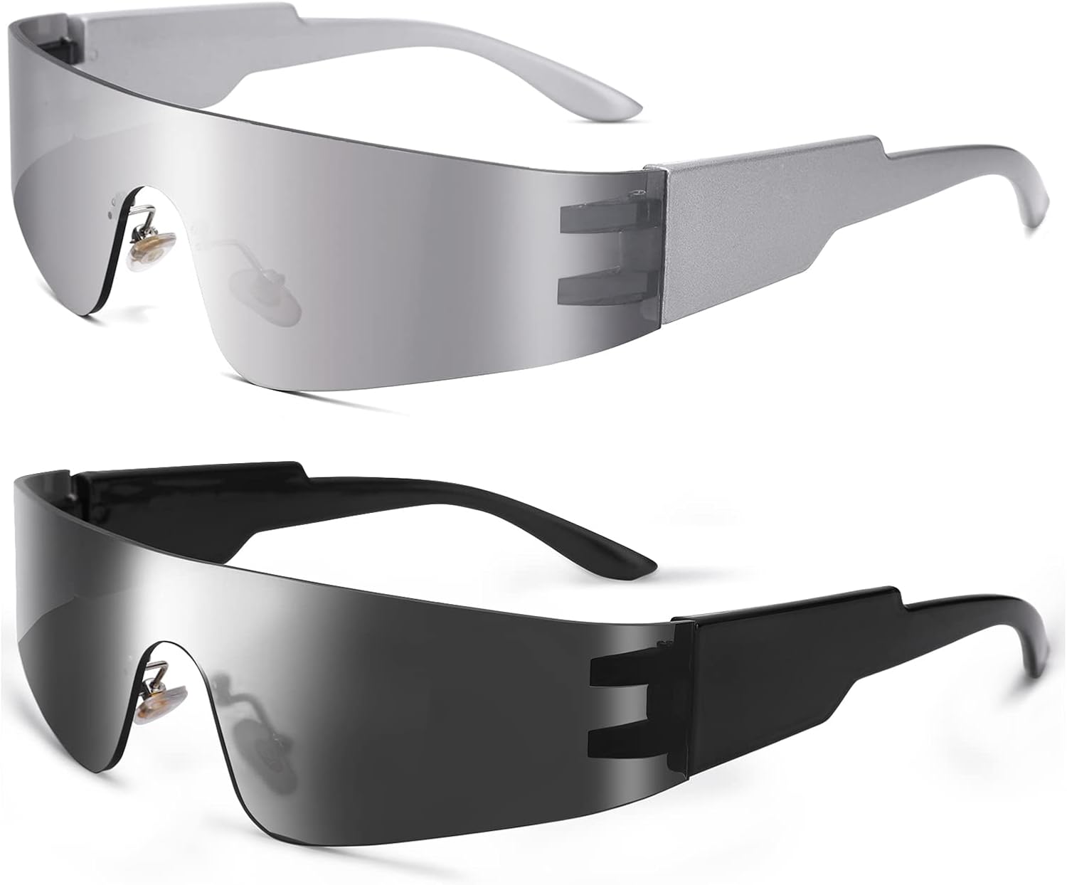 

COASION Солнцезащитные очки с обтекаемой формой для женщин и мужчин, модные, без оправы, футуристические, в стиле Y2k, с плоской верхней частью, стильные очки, B1 Black / Grey + Silver / Silver Mirrored