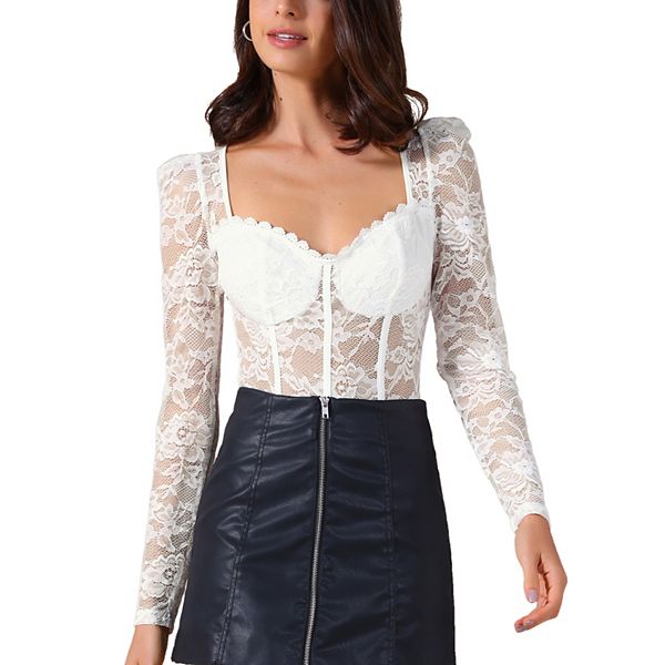 

Женский боди-корсет с длинными рукавами и прозрачным верхом Inspire Chic, White