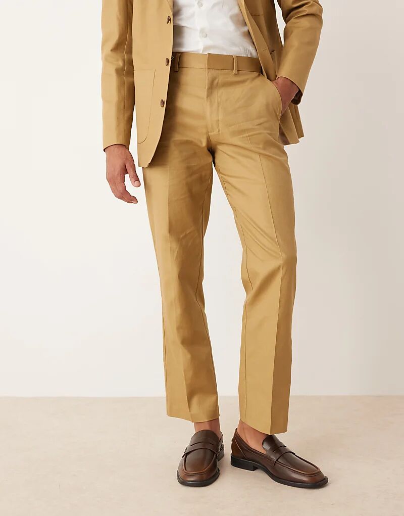 

Прямые брюки из хлопково-льняной смеси ASOS DESIGN из саржи цвета верблюжьей шерсти