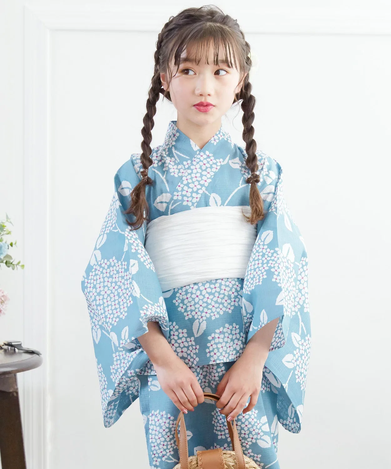 Детский раздельный комплект юката с поясом, 2way, бренд Kyoto Kimono Town, серо-голубой — фото 2