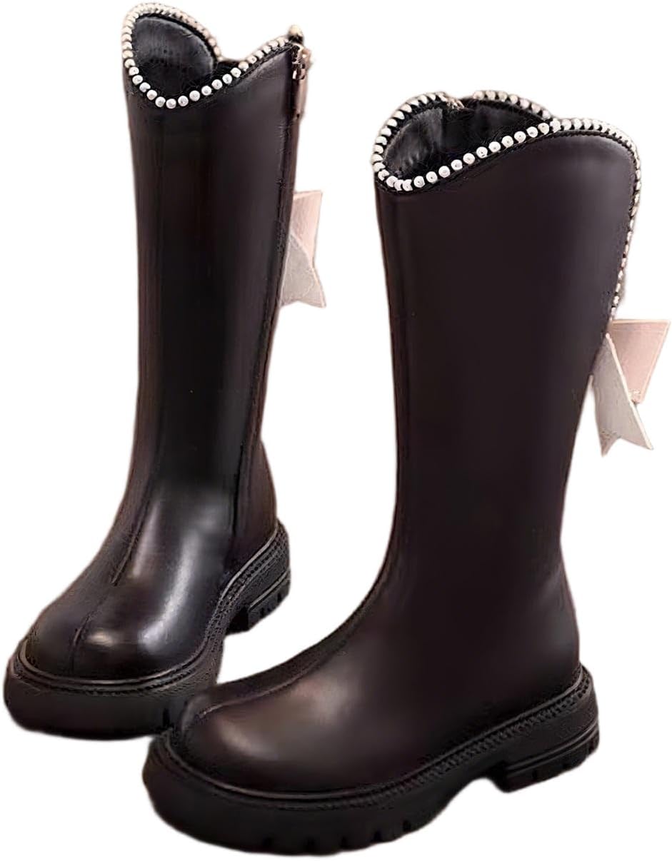 

Вестерн-сапожки для девочек 3-11 лет с милыми жемчужными бантиками, сапожки для верховой езды, винтажные высокие сапоги ниже колена с массивным плоским каблуком Ctreela, Black