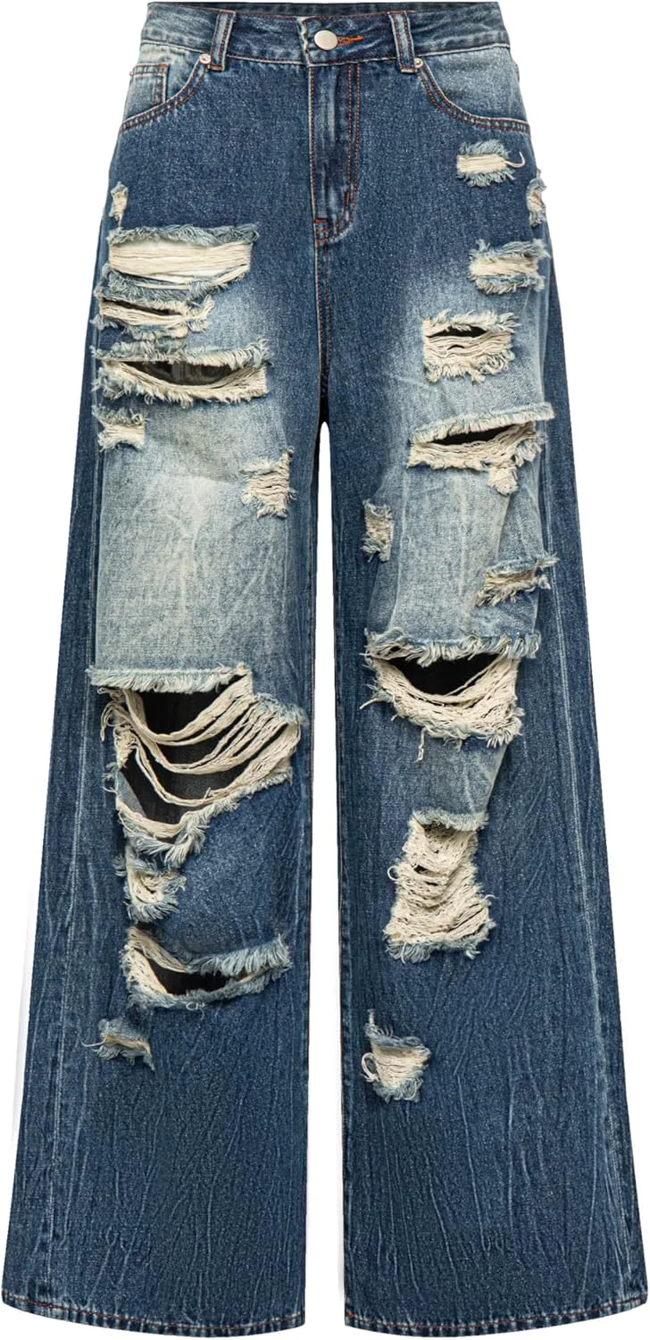 

Женские рваные джинсы Vintage Distressed Y2K Baggy Straight Wide Leg