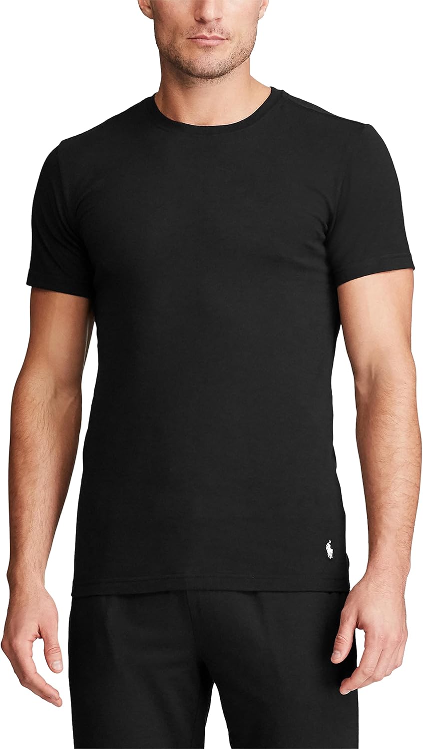 Футболка POLO RALPH LAUREN Men's Slim Fit Stretch Crew Undershirts (3-Pack), Polo Black/White, Charcoal Heather/White, Andover Heather/White - 3 Pack — фото 4