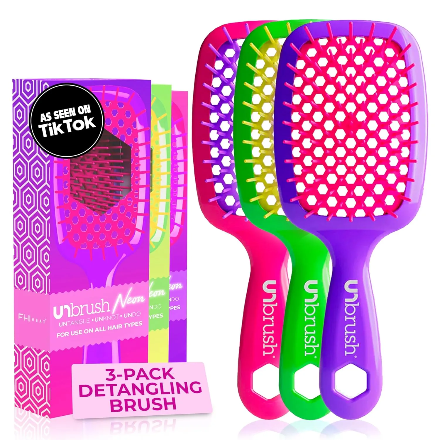 Щетка для волос FHI Heat UNbrush (набор 3 шт) - для всех типов влажных и сухих волос, безболезненное расчесывание, антистатические щетинки DuoFlex, легкая дорожная щетка (Neon Collection), Neon Collection