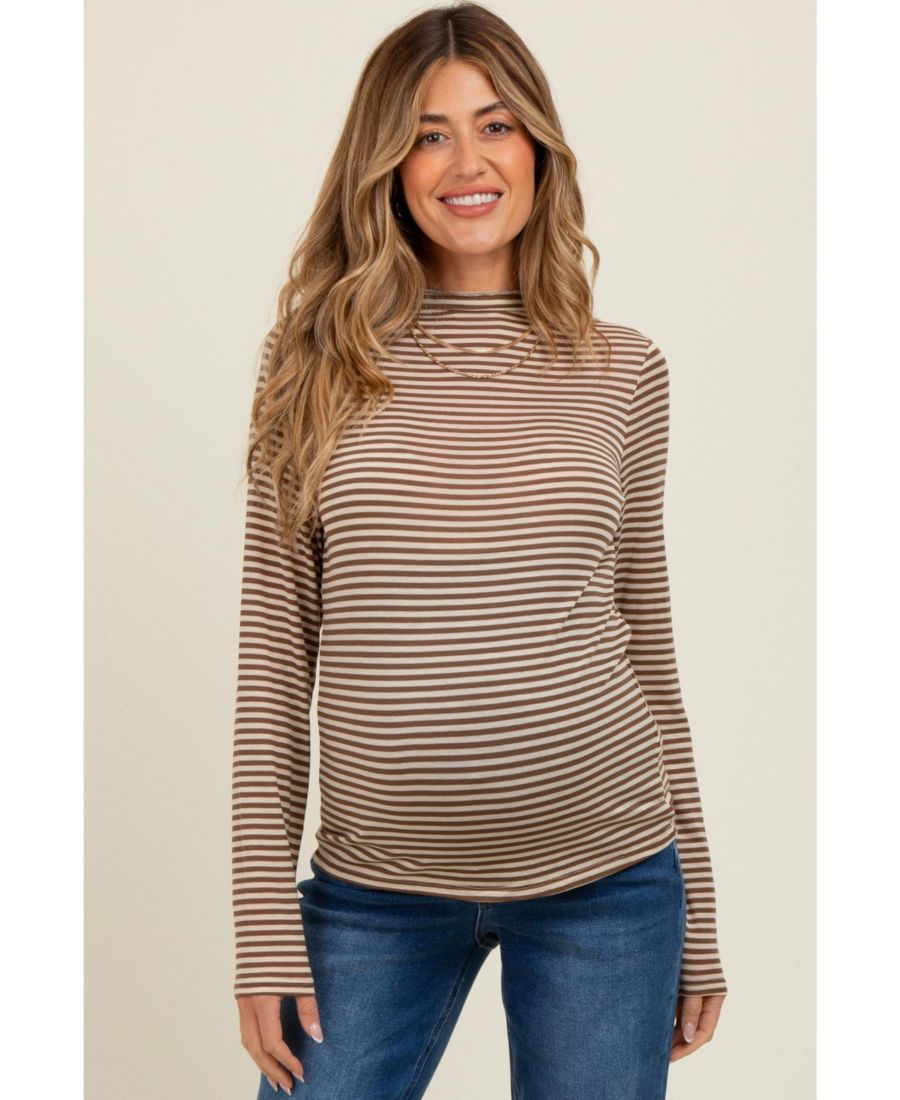 

Топ для беременных с длинными рукавами и высоким воротником в полоску цвета мокко Pinkblush, Mocha