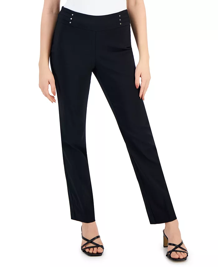 

Узкие брюки с заклепками Petite Studded-Rivet Straight-Leg, размеры Petite и Petite Short JM Collection, черный