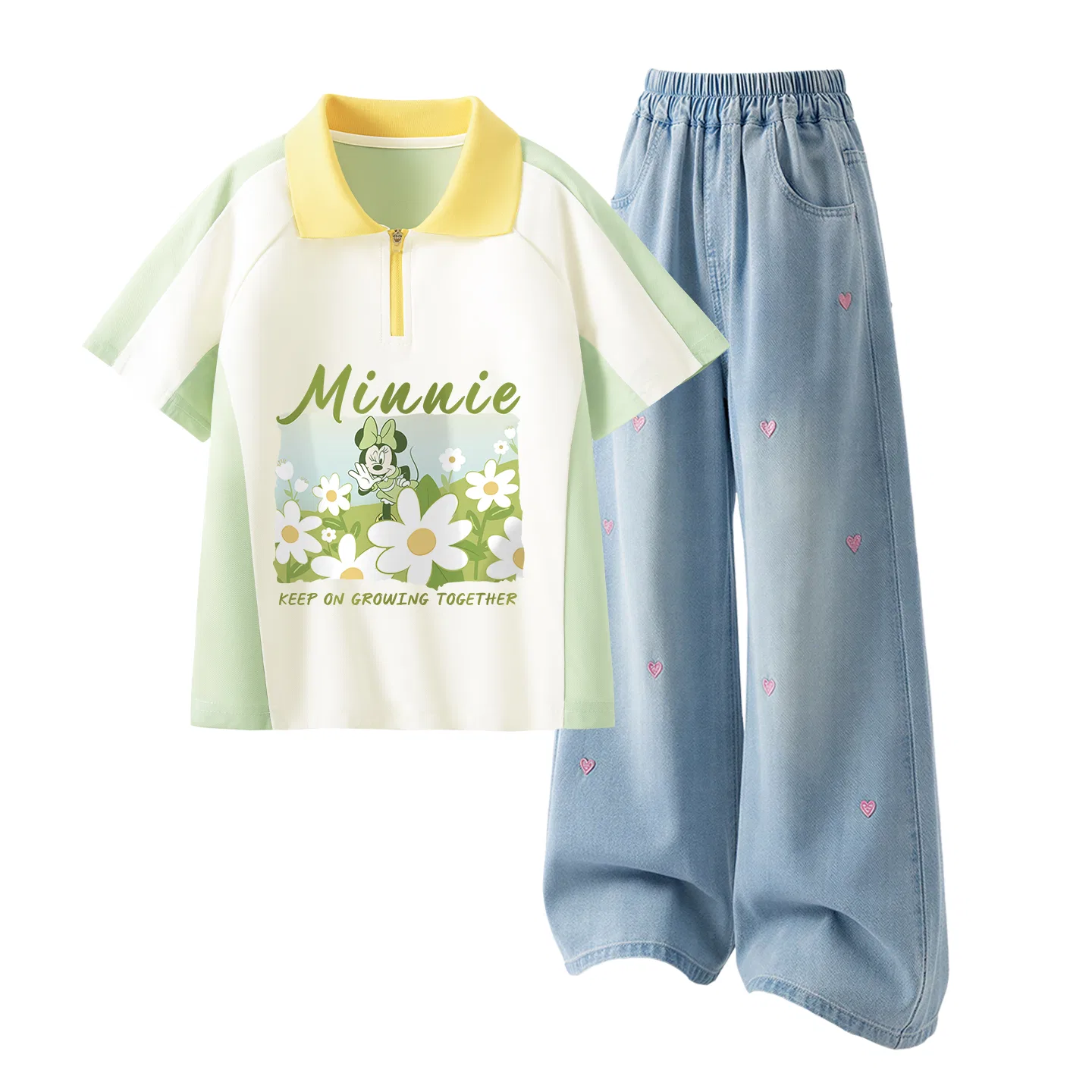 Детское спортивное поло с воротником Disney, Di Flower Vanilla Green+Solid Color Denim Light Blue