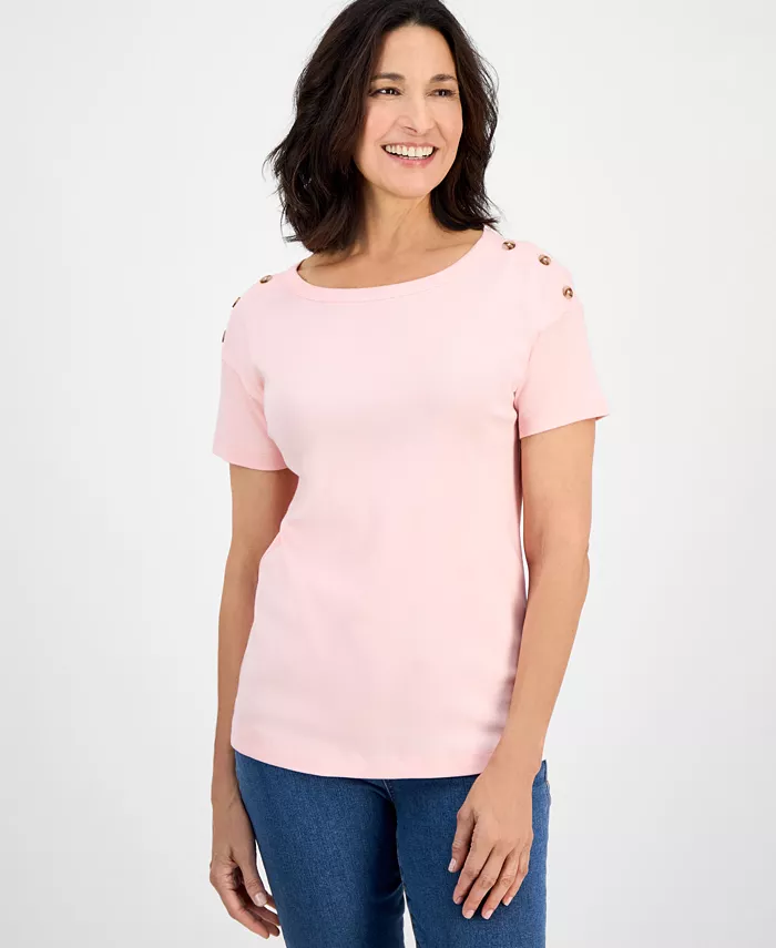

Футболка с кнопками на плечах из хлопка, Petite Style & Co, розовый