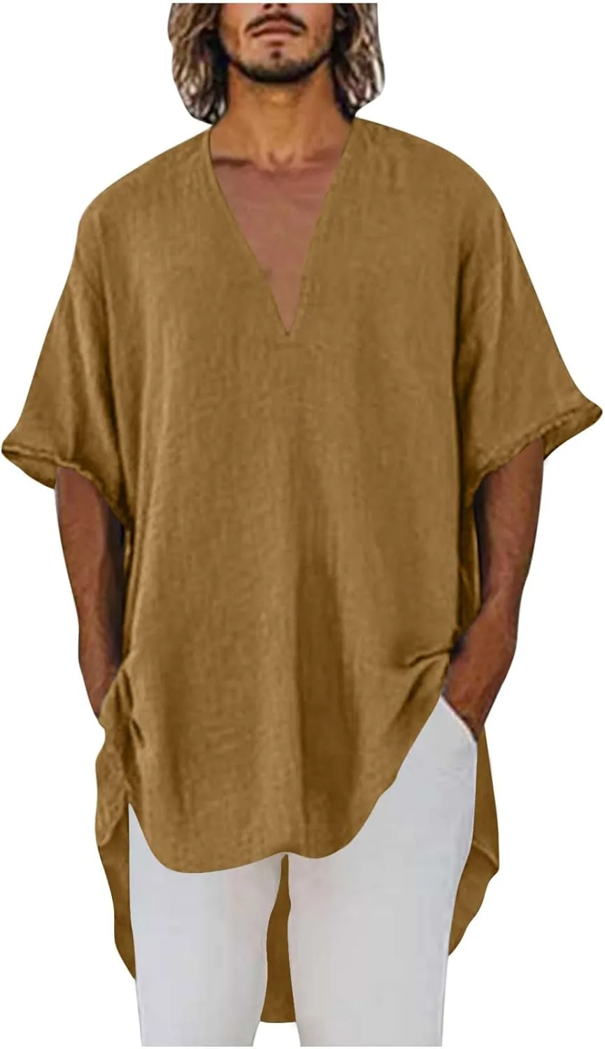 

Хлопковая льняная рубашка-хенли для мужчин, свободная, дышащая, с коротким рукавом