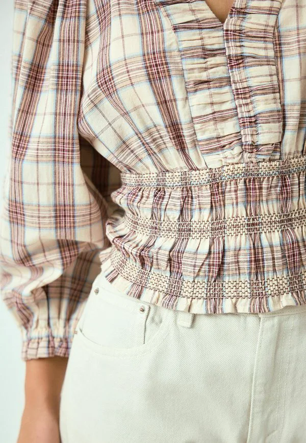 Блузка прямого кроя с v-образным вырезом и длинными рукавами Next, Brown/Cream Check — фото 4