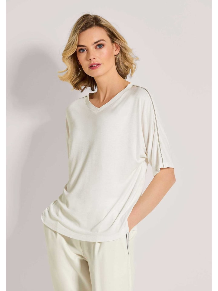 

MADELEINE Футболка с V-образным вырезом, украшенная стразами, кремового/серебристого цвета, Бежевый, MADELEINE Футболка с V-образным вырезом, украшенная стразами, кремового/серебристого цвета