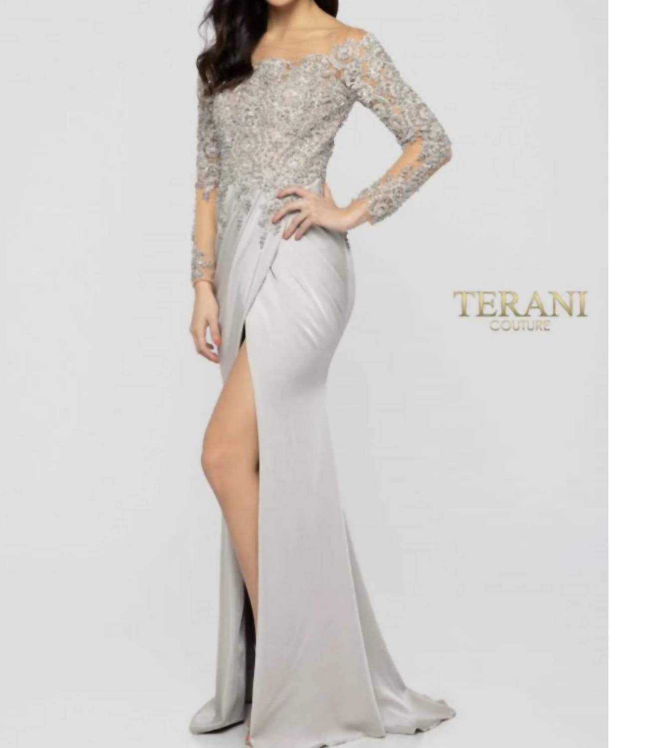 

Платье с длинными рукавами в цвете Taupe Terani Couture, серо-коричневый