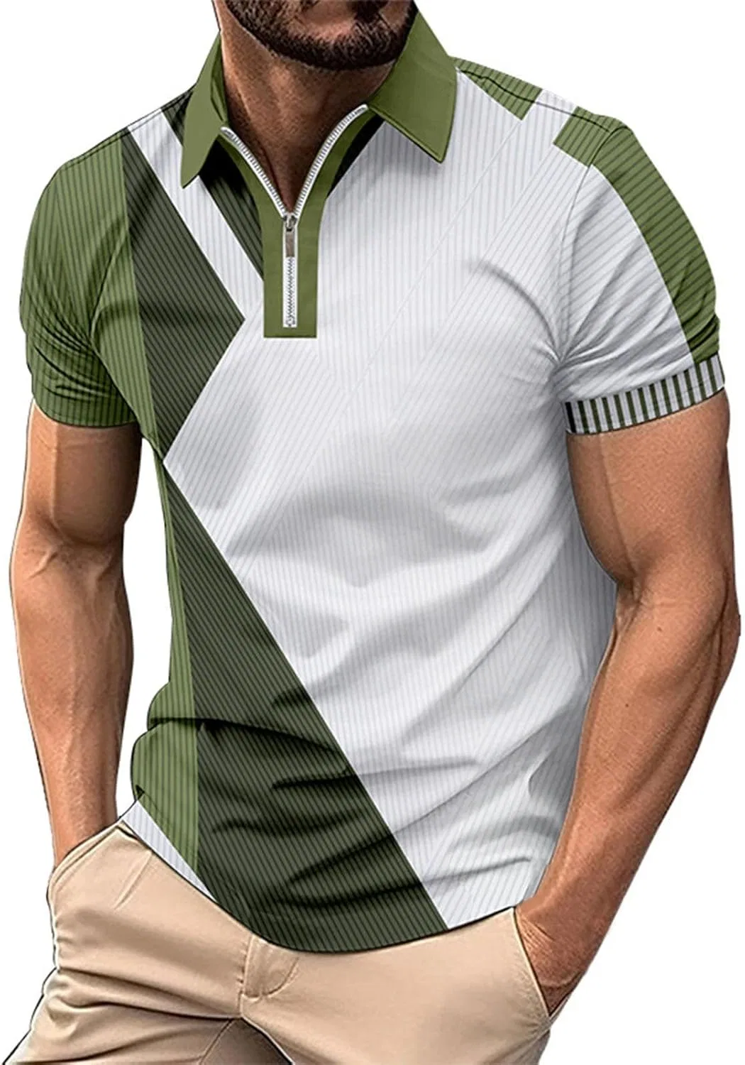 Мужское поло с коротким рукавом, цветовой блок, Army Green