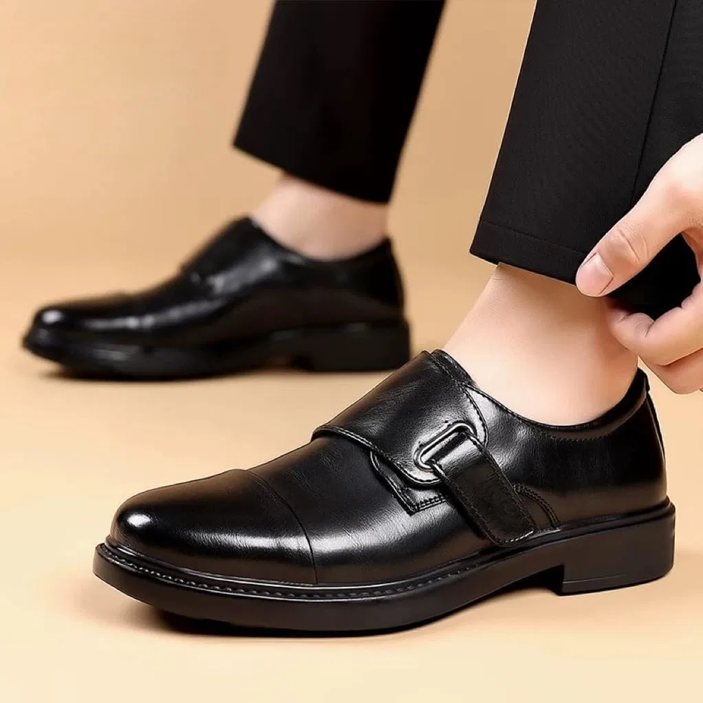 Туфли монашеские кожаные Slip-on Round Toe Anti-Slip, Black UOPYNE — фото 3