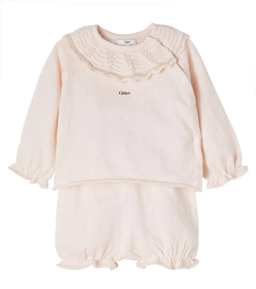 Детский комбинезончик из хлопка и кашемира с оборками Chloé Kids, розовый
