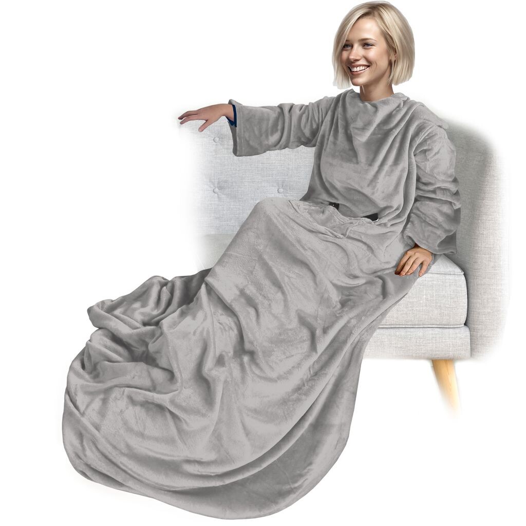 

Плед с рукавами NYVI CozyWear Deluxe 170x200 см светло-серый - мягкий плед с рукавами, 2 нагрудных кармана, карман для ног - приятный плед для ТВ для взрослых и детей - 100, диванный плед для надевания