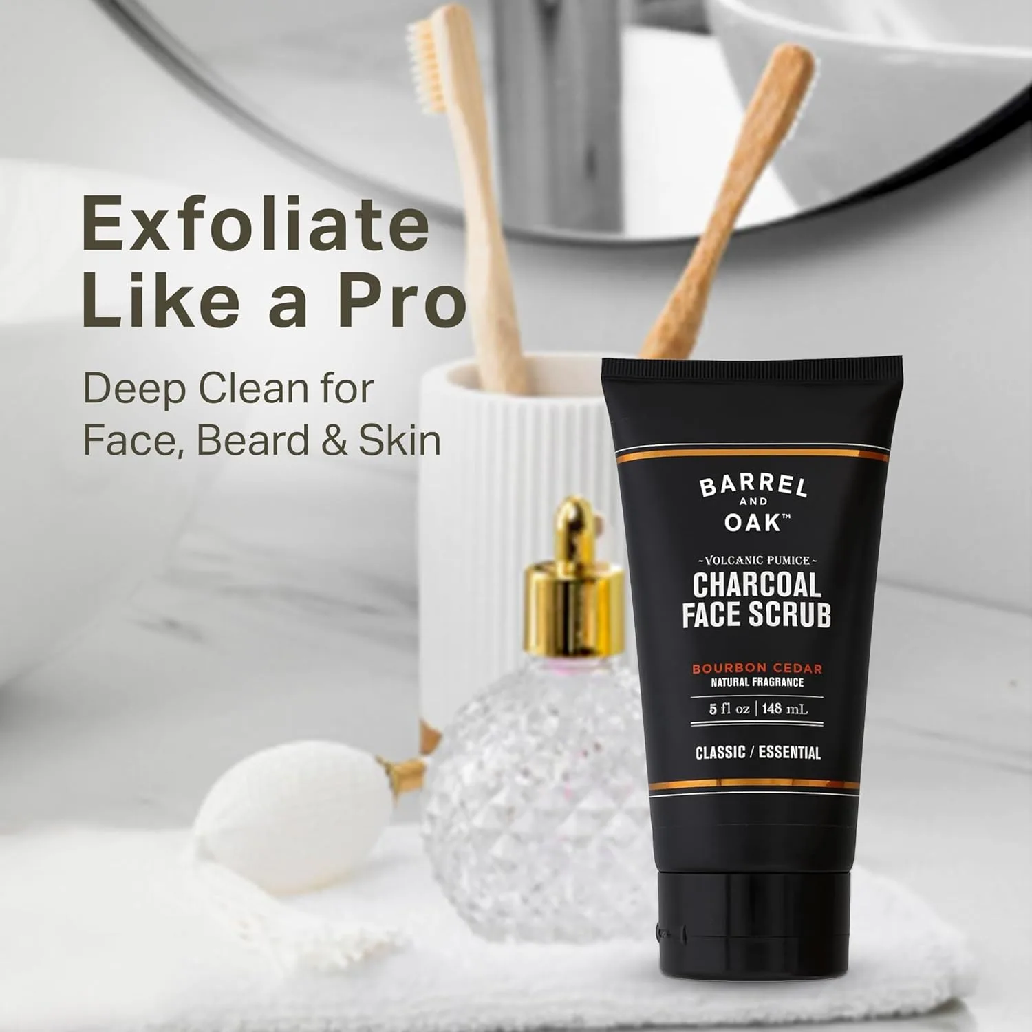 Barrel and Oak скраб для лица Volcanic Pumice & Charcoal, глубокое очищение от омертвевшей кожи и загрязнений, способствует здоровому росту бороды, веганский, аромат Bourbon Cedar, 142 г 148 мл (1 шт.) Barrel & Oak — фото 2