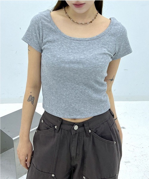 

4INT. Футболка базовая облегающая с U-образным вырезом и ребристым кроем, 4INT, серый