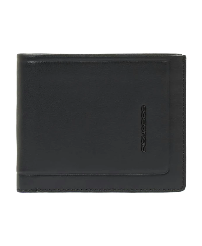 

Мужской кожаный кошелек с откидным окошком для удостоверения личности, отделениями для монет и карт, с защитой от RFID-сканирования. Piquadro, черный