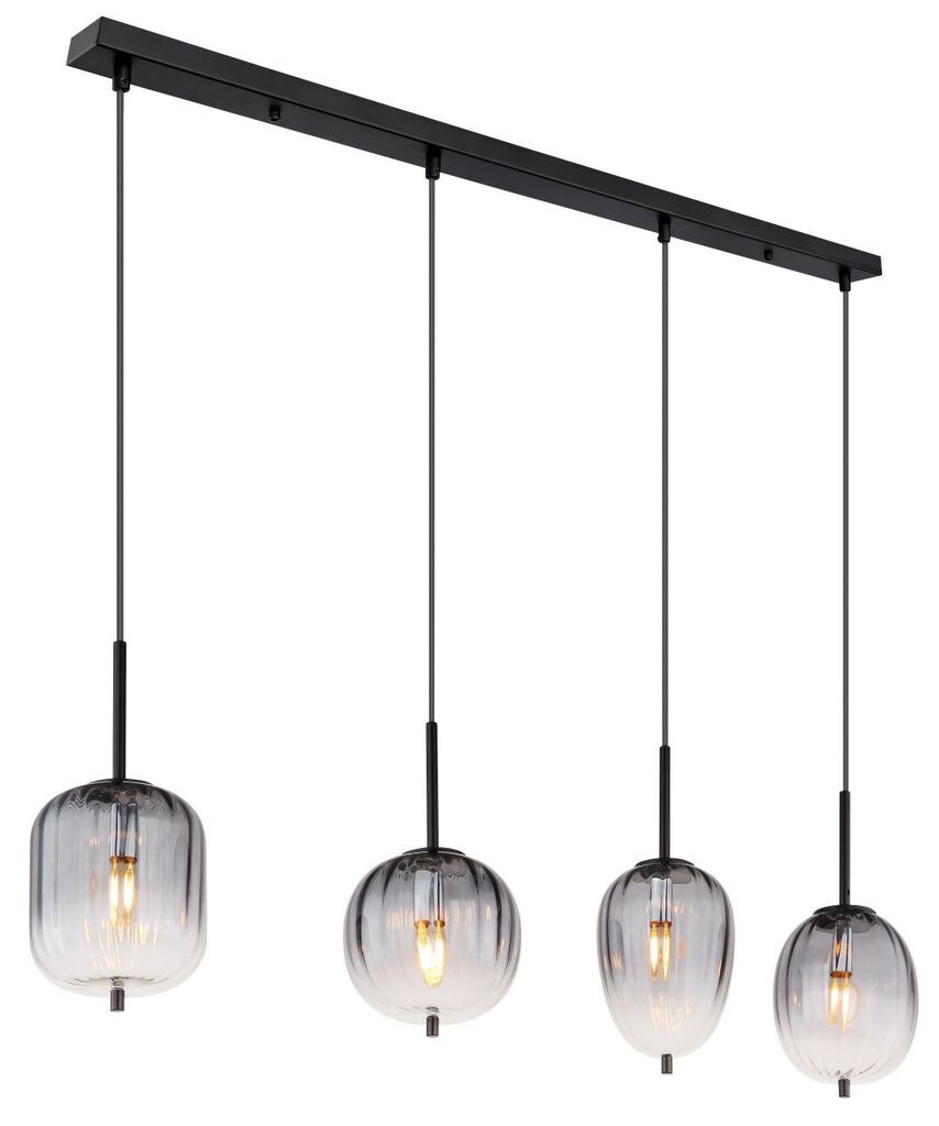 

Подвесной светильник Globo Lighting металлический черный матовый, стекло дымчатое, прозрачное, кабель ПВХ черный, ДxШxВ: 1100x185x1200 мм, диаметр стекла: 1 x 15,8 см, 16,4 см, 16,5 см, 18,5 см каждый, кроме 4x E14 40 Вт 230 В.
