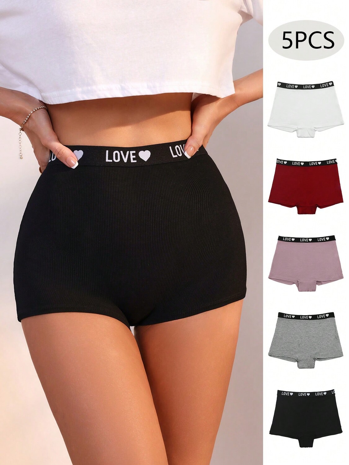 

Shein Underwear&Sleepwear Basics Женские трусы-боксеры с высокой талией Love Contrast Color (комплект из 5 предметов) Спорт Shein, мультиколор