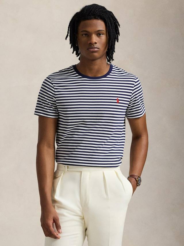 

Хлопчатобумажная футболка поло в тонкую полоску с коротким рукавом на заказ Ralph Lauren, цвет Denim Wash White/Newport Navy