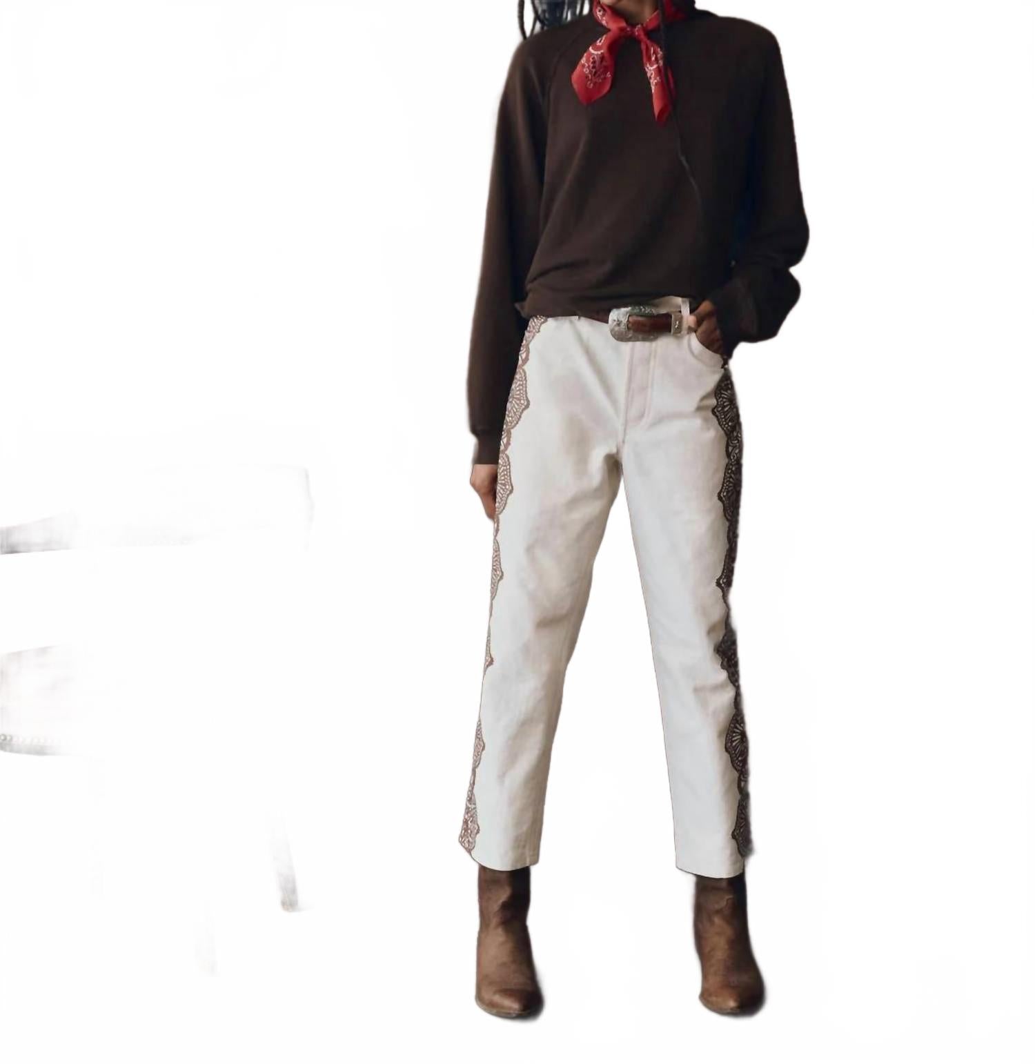 

THE GREAT Прямые джинсы Wayne с кружевным принтом, кремового цвета с коричневыми вставками