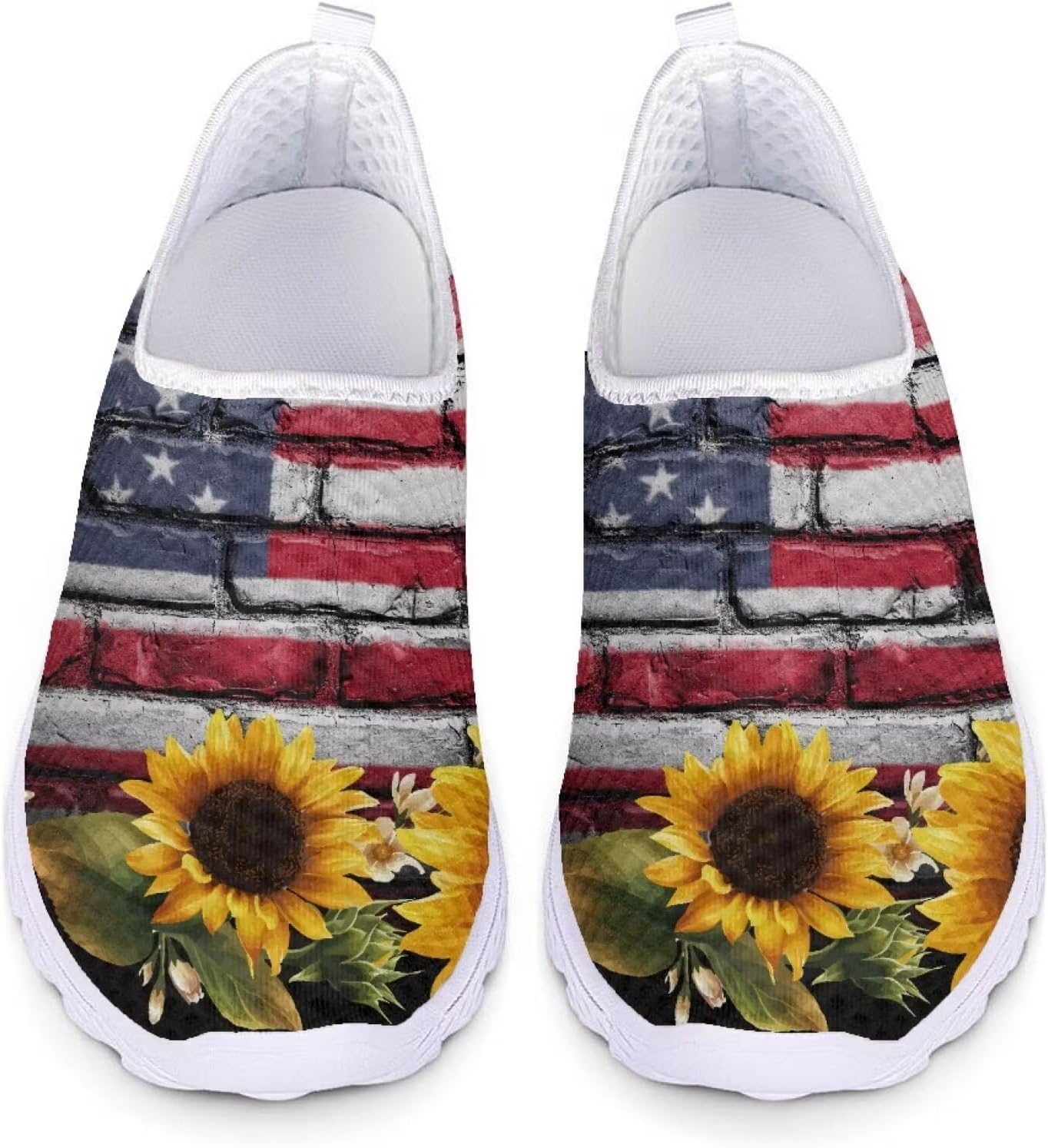 

Кроссовки из сетки для женщин и мужчин, прогулочная обувь, без шнурков, противоскользящие, размер США 5-12, спортивная одежда Xixirimido, American Flag Sunflower
