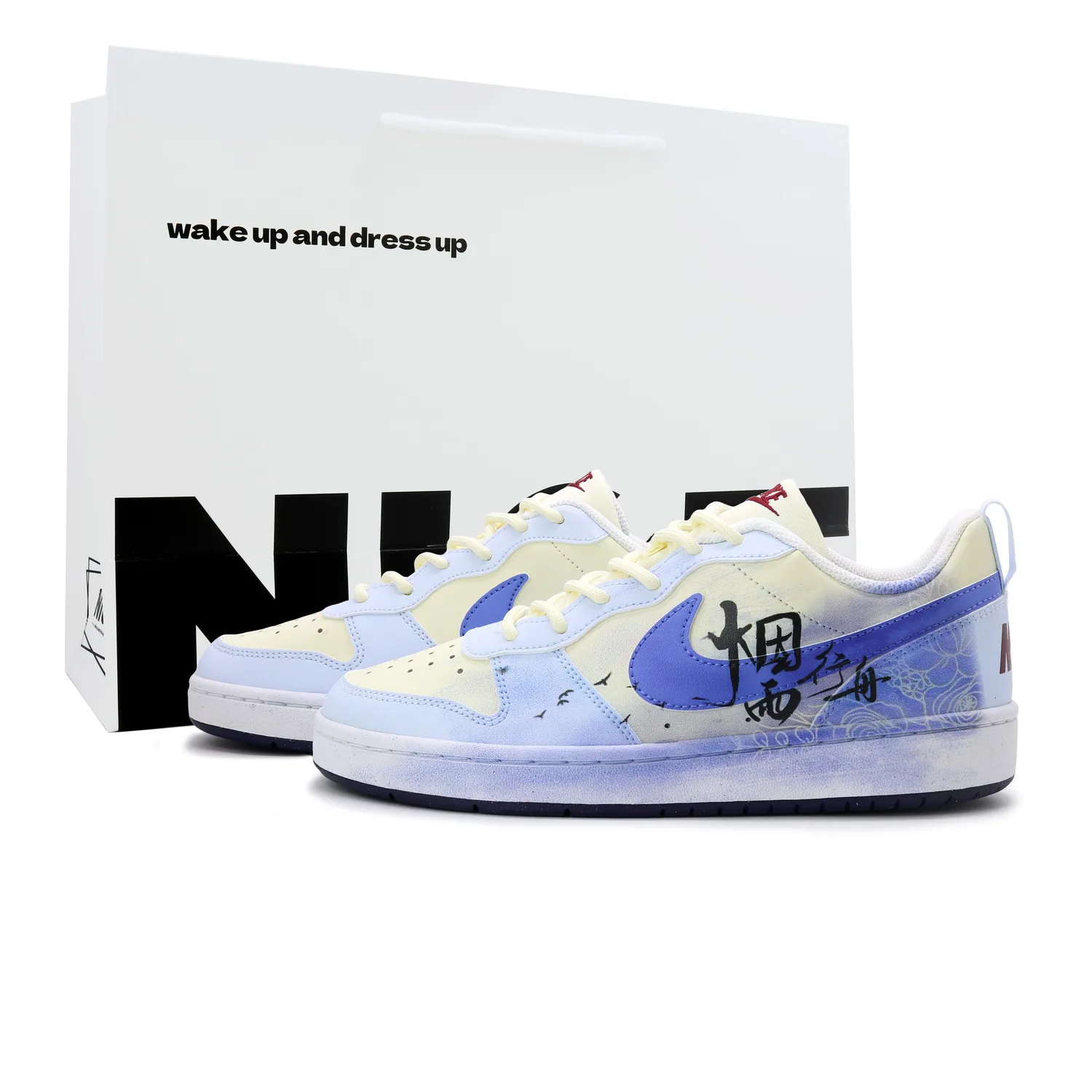 Nike Court Borough Misty Rain Together Synthetic Leather, Leather Skateboard Shoes Blue White Yellow Black GS Teenagers