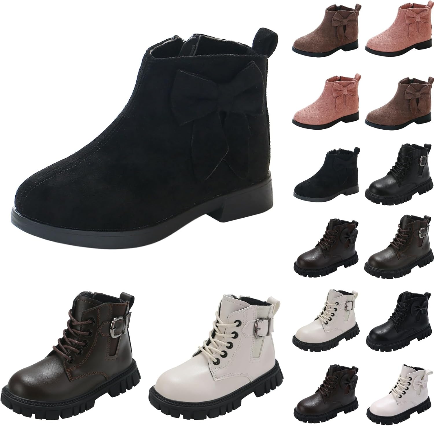 

Детские ботильоны для девочек с шнуровкой, боковой молнией и бантом, низкий каблук, однотонные, теплые зимние уличные туфли с квадратным носком, мягкие, для детей 6-11 лет Generic, #01 Black