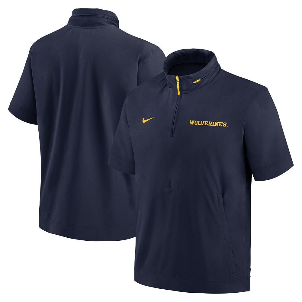 Мужская куртка с капюшоном Nike Navy Michigan Wolverines 2024 Sideline Coach с короткими рукавами и полумолнией до половины, цвет Mic Navy — фото 2