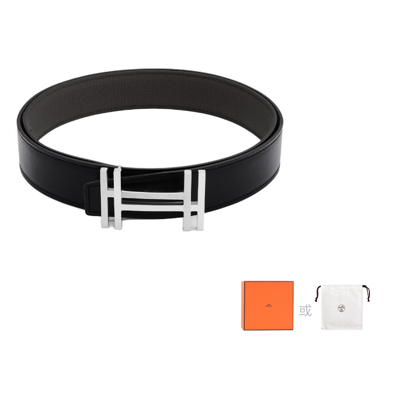 

HERMES Кожаный ремень из коровьей кожи для мужчин черный/оловянно-серый 3,2 см