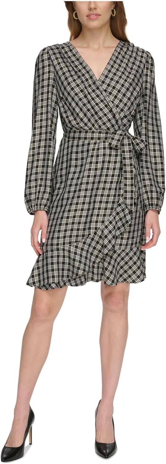 

Женское клетчатое платье-халат Tommy Hilfiger с оборками и расклешенным подолом, Black Multi