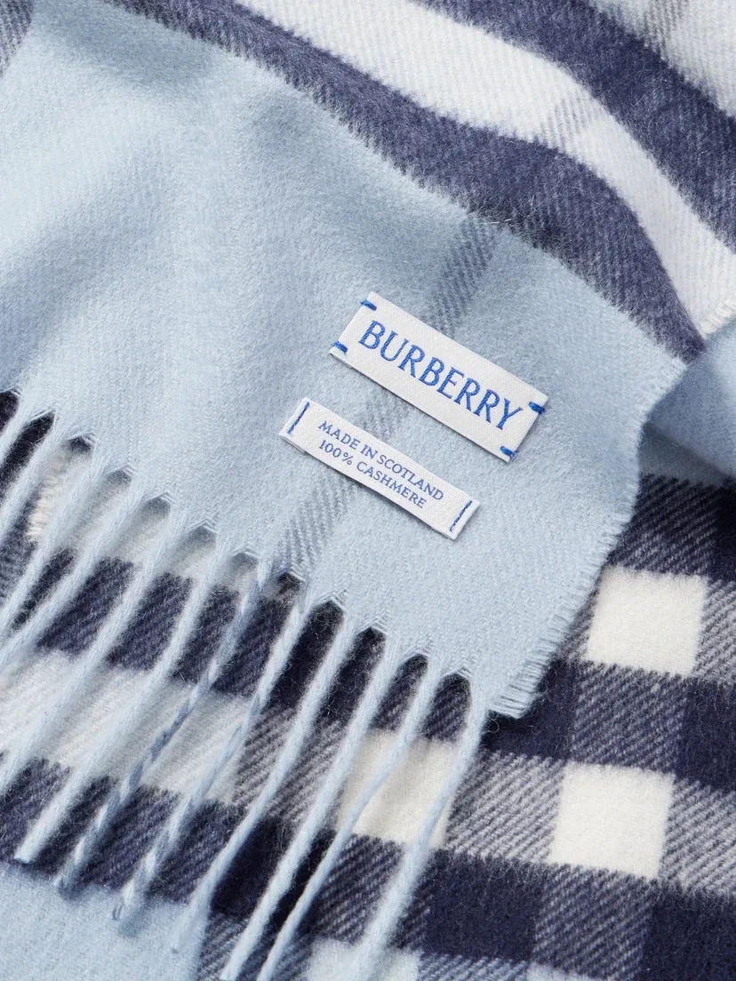 Кашемировый шарф в клетку с бахромой BURBERRY, голубой — фото 3