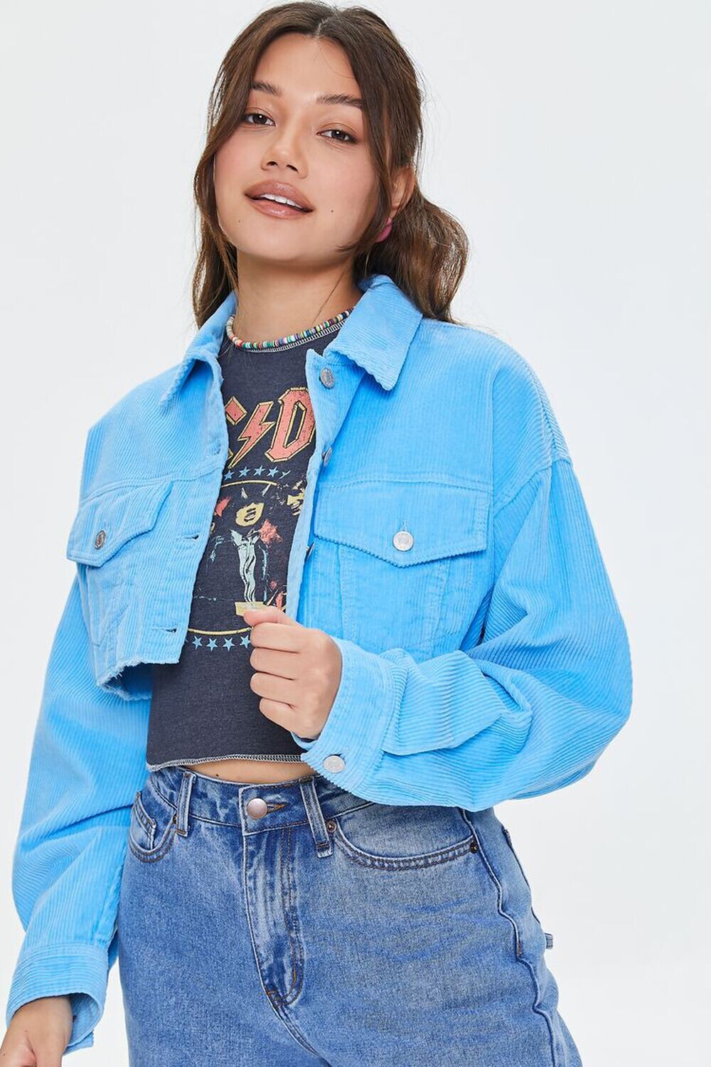 

Укороченная вельветовая куртка с потертостями Forever 21, синий