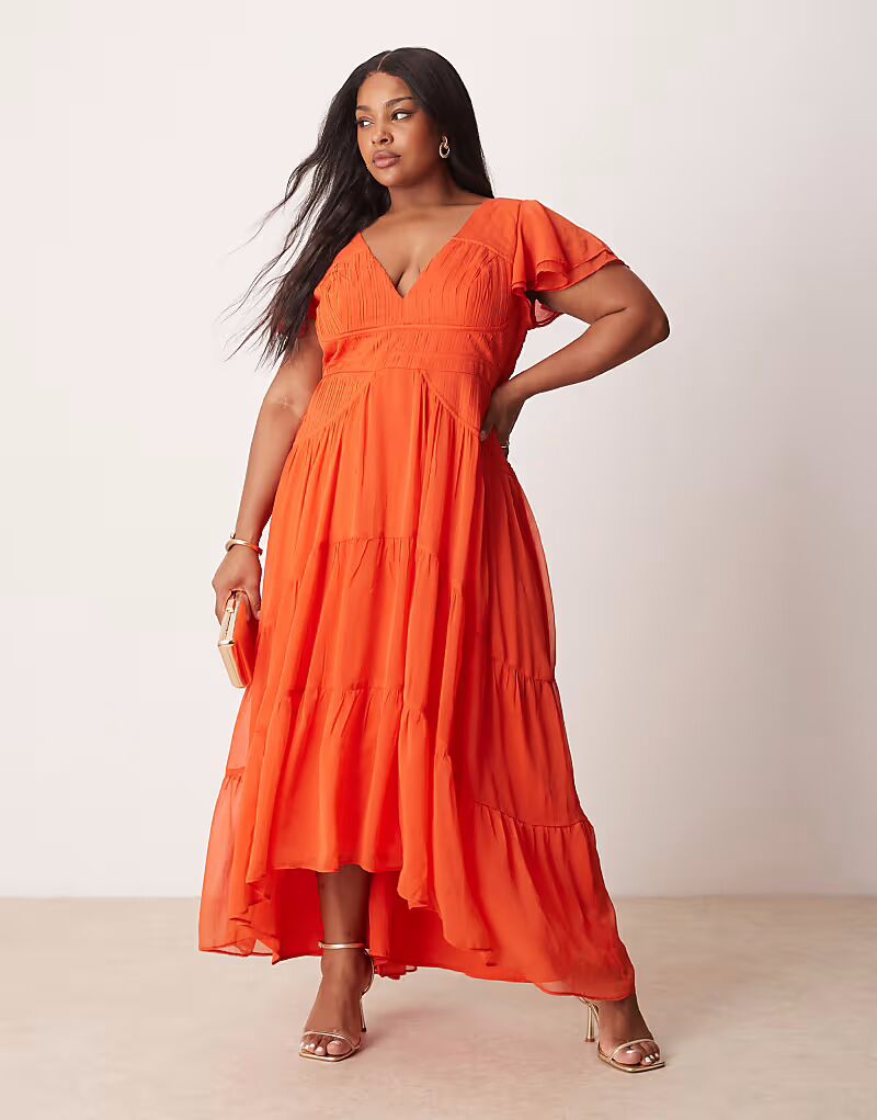 

Платье макси ASOS DESIGN Curve с рукавами-крылышками, сборками и асимметричным подолом в ярко-красном цвете ASOS Curve