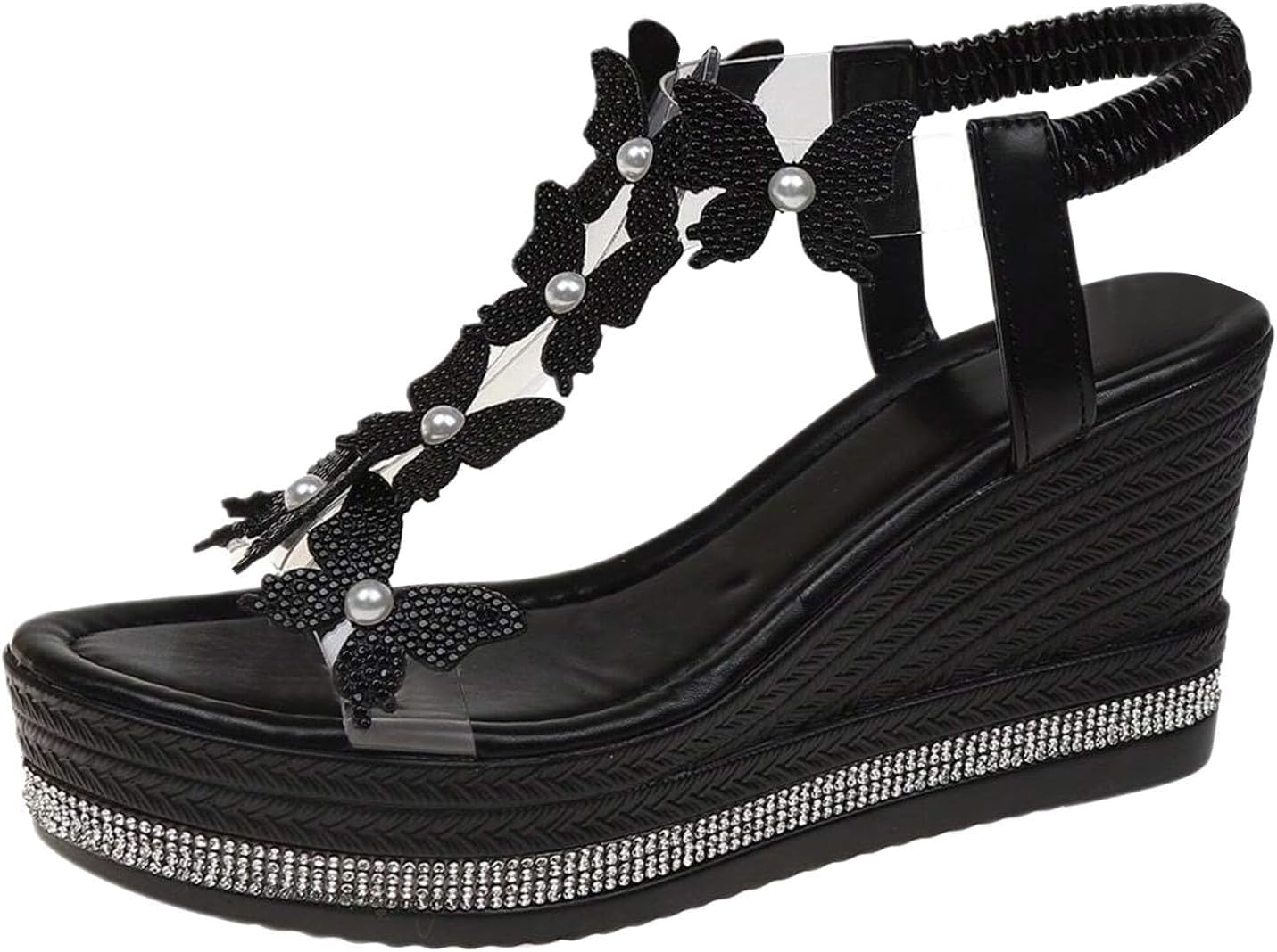 

Женские сандалии на высоком клиновидном каблуке с модной бабочкой, элегантные сандалии с камнями, с толстой подошвой, открытым носком и ремешком T, босоножки в стиле бохо для летнего пляжа Generic, черный