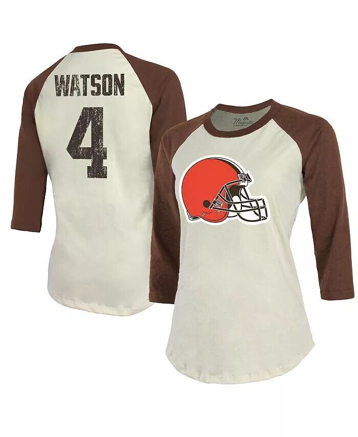 

Женские нитки Deshaun Watson Cream, Brown Cleveland Browns Футболка с именем и номером реглан с рукавами 3/4 Majestic
