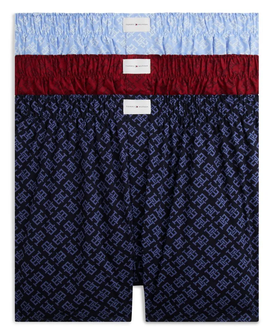 Мужские хлопковые классические боксеры, комплект из 3 штук Tommy Hilfiger, June Iris/Regatta Red/Desert Sky Logo Print
