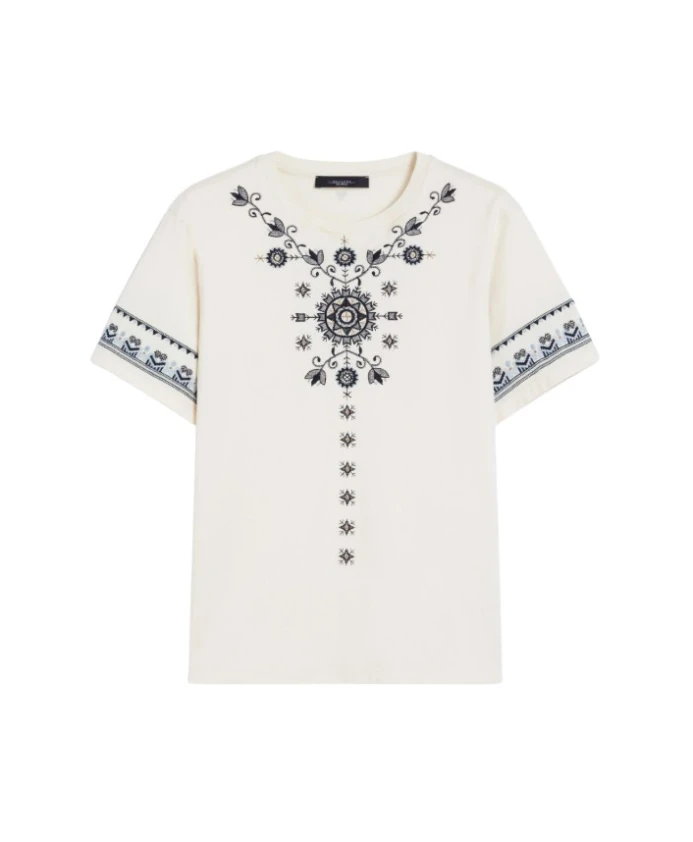 

Хлопковая футболка с круглым вырезом и вышивкой. Weekend Max Mara, бежевый