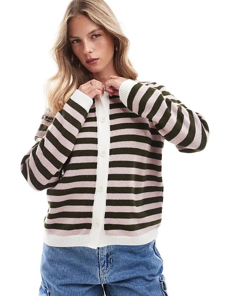 

Вязаный кардиган в размытую розовую и хаки полоску ASOS DESIGN