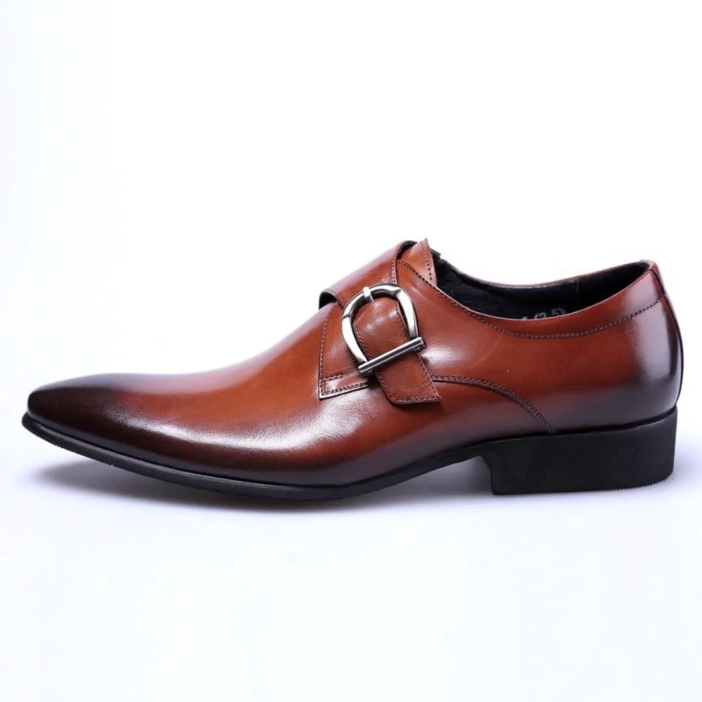 Мужские туфли Monk Strap Классические Ретро Формальные Деловые Лоферы Легкие Кожаные Слипоны Комфортные Носка Низкий Каблук Заостренный Носок Платиновая Пряжка Лоферы Оксфорды для Повседневной Элегантной Работы, Офиса и Свадьбы Geerta, коричневы... — фото 2