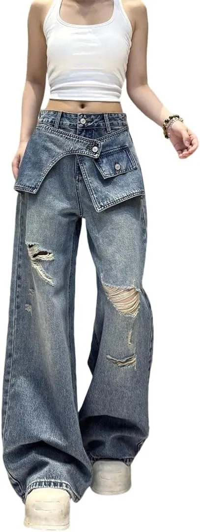 Женские джинсы прямые широкие повседневные Fake Two-Piece Denim для ежедневной носки Generic, 9037