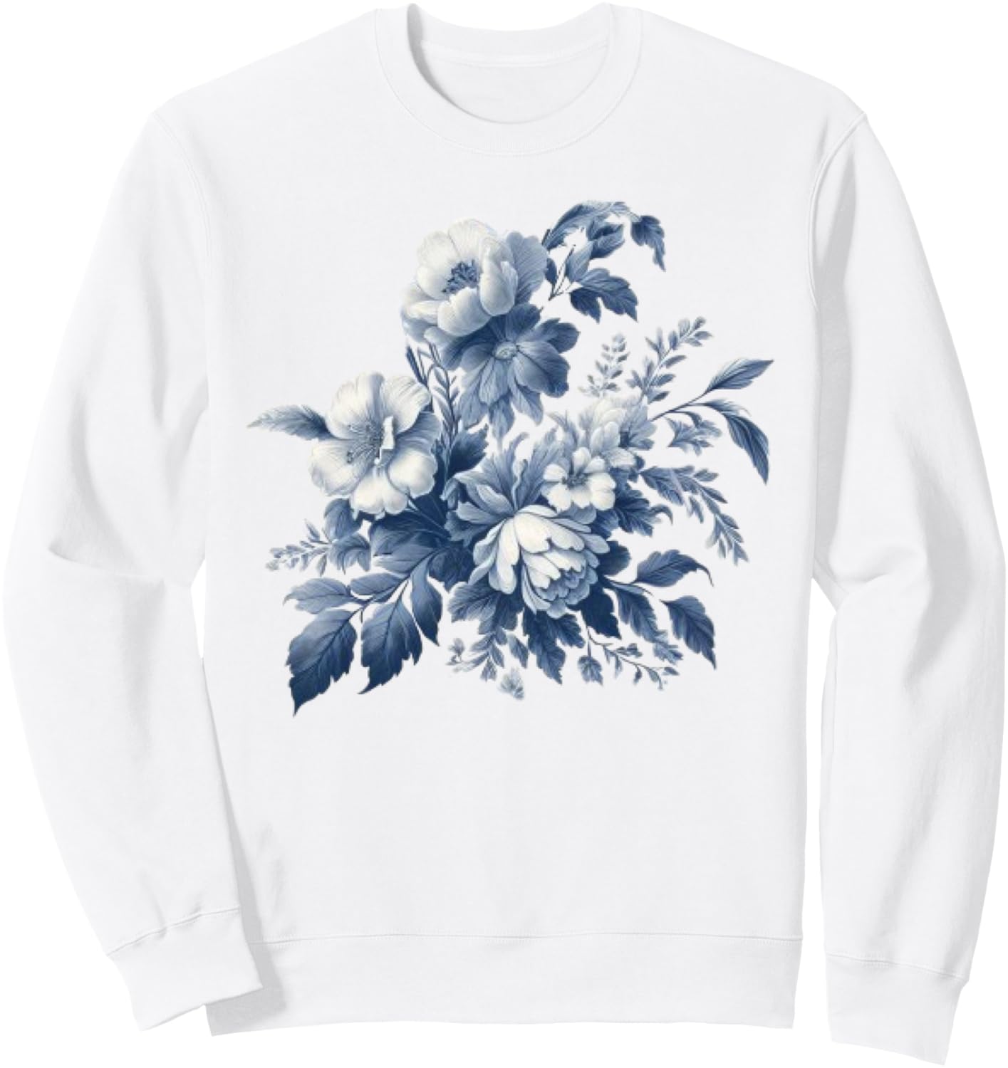 

Синяя и белая толстовка с французским цветочным и растительным принтом в стиле туаль де жуи Blue And White Toile French Pattern Flowers Floral