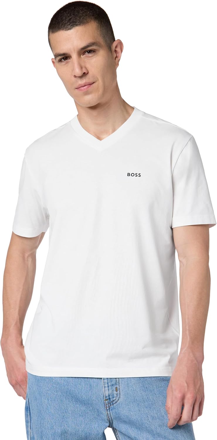 

Мужская хлопковая футболка BOSS с коротким рукавом и V-образным вырезом, Blanc White, Белый, Мужская хлопковая футболка BOSS с коротким рукавом и V-образным вырезом, Blanc White