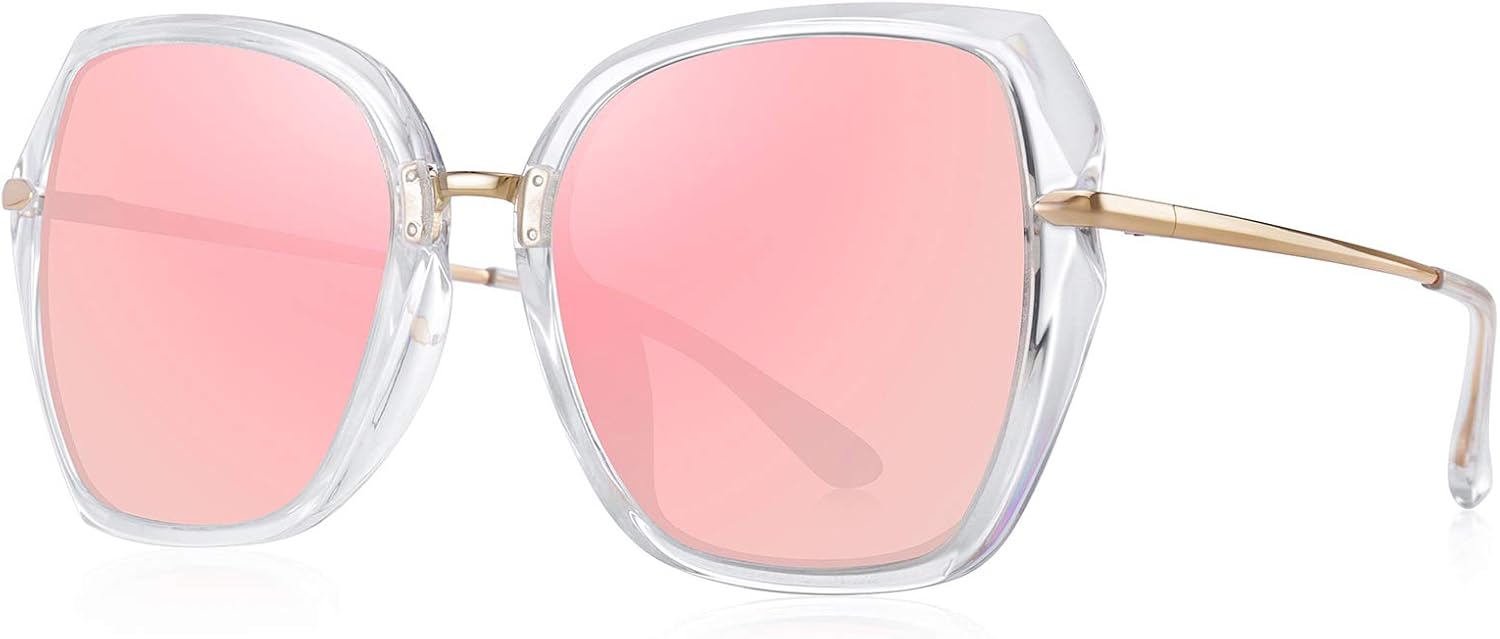 

Поляризованные солнцезащитные очки для женщин - солнцезащитные очки с линзами UV400 для женщин, модные солнцезащитные очки для дам OLIEYE, Transparent Frame Gold Bridge/Pink Mirror Lens